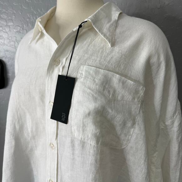 R13 Women's White Drop Neck Linen Blend Button-Up Shirt, Large - Picture 2 of 7